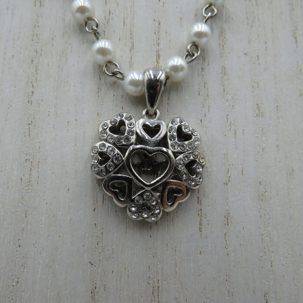 VCLM Necklace Heart Pendant 17" Silver Tone Imitation‎ Pearl Station Rhinestones